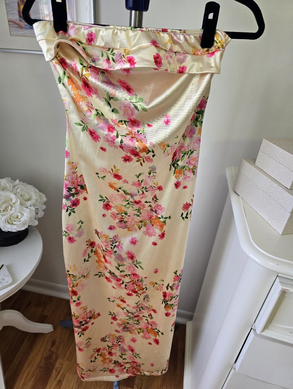 Butter Yellow Floral Satin Cowl Neck Slip Dress